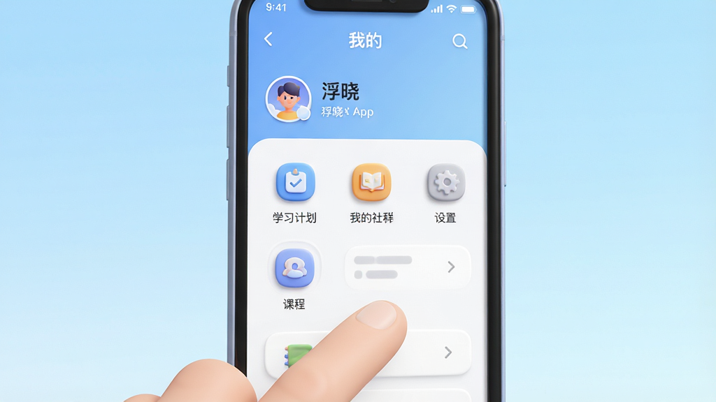 主体为一部智能手机竖屏显示“浮晓”App的“我的”页面,页面顶部显示用户头像与昵称,下方排列有“学习计划”、“我的课程”、“我的社群”、“设置”等菜单图标。手机下方有一只手正在点击屏幕。布局为手机特写居中,背景为渐变色浅蓝,风格为简洁3D渲染风,细节圆润,画质高清,整体干净,无多余元素。