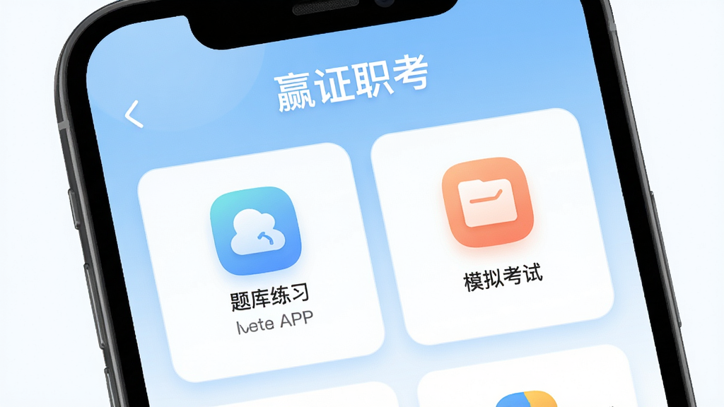 ��ְ֤��APP������չʾ���ֻ���Ļ����ʾ�����ϰ��ģ�⿼�Թ���ģ�飬����Ϊǳ��ɫ���䣬���������ִ������沼��������ͼ��Բ�����ֱ�ǩ����ְ֤����������Ļ���������ʸ��壬�ɾ��޶���Ԫ��