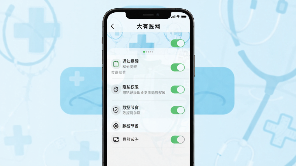 ���壺�ֻ���Ļ��ʾ����ҽ������ҳ�棬����֪ͨ���ѡ���˽Ȩ�ޡ����ݽ�ʡ��ѡ����֣��ֻ��������У�����Ϊǳ��ɫ����ҽ��ͼ�Ρ��Ű棺�����б���������񣺱�ƽ����ƣ�ͼ���ࡣϸ�ڣ���Ļ�����С�����ҽ�������������ذ�ťΪ��ɫ�����ʣ����壬�޶���Ԫ�ء�