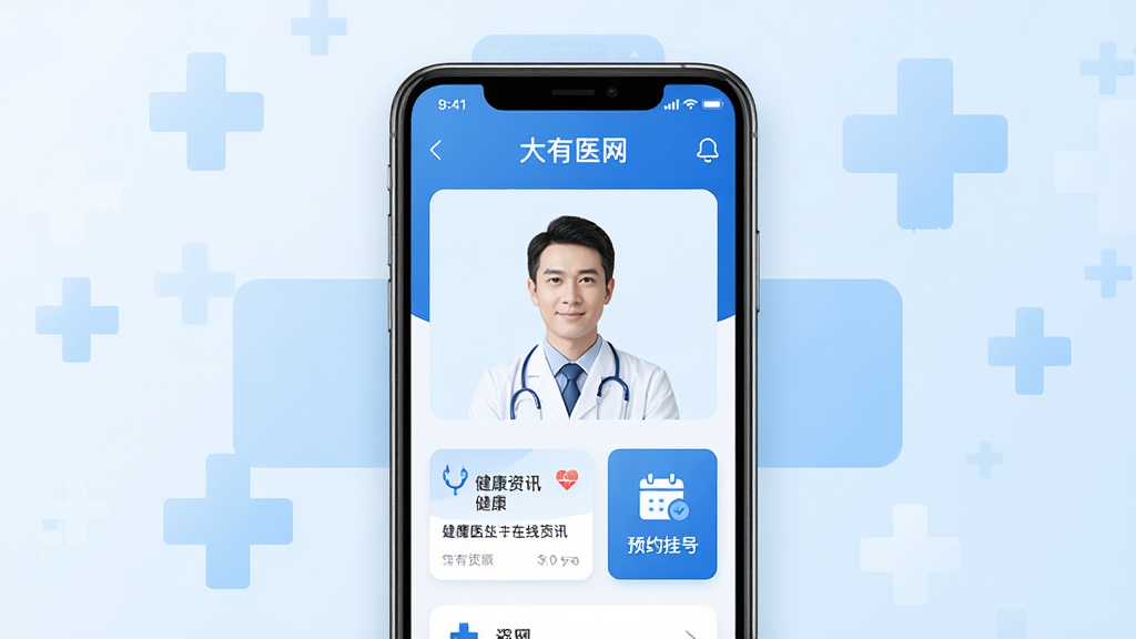 ���壺һ�������ֻ���Ļչʾ����ҽ��APP���棬����������������ʾҽ���������ﻭ�棬�Ա��н�����Ѷ��Ƭ��ԤԼ�Һ�ͼ�ꡣ���֣��ֻ�λ�ڻ������룬����Ϊ����ɫ����ҽ��ʮ�ֱ�־�������Ű�ɾ����򡣷���ִ��Ƽ��У���ƽ����ƣ�ɫ��������Ϊ����ϸ�ڣ��ֻ���Ļ���С�����ҽ����������ҽ��ͷ�񣬻��������͡����ʣ����壬�ɾ����޶���Ԫ�ء�
