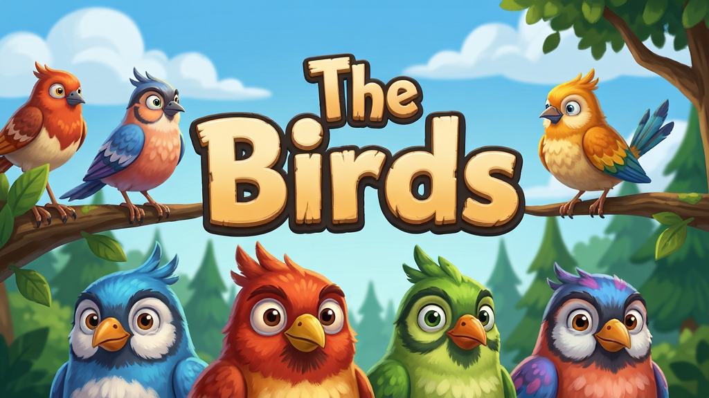 һ����������Ϸ�����廭�������ǡ�The Birds����Ϸ�м�ֻɫ�����޵�С��վ����֦�ϣ�������������ƺ���ɫ��ɭ�֣�������������Ϸ���ơ�The Birds���������ֱ��⣬���־��У������·��Ǽ�ֻС�����д�����������¿�ͨ��ϸ����ë�������������ʸ���ɾ����޶���Ԫ��