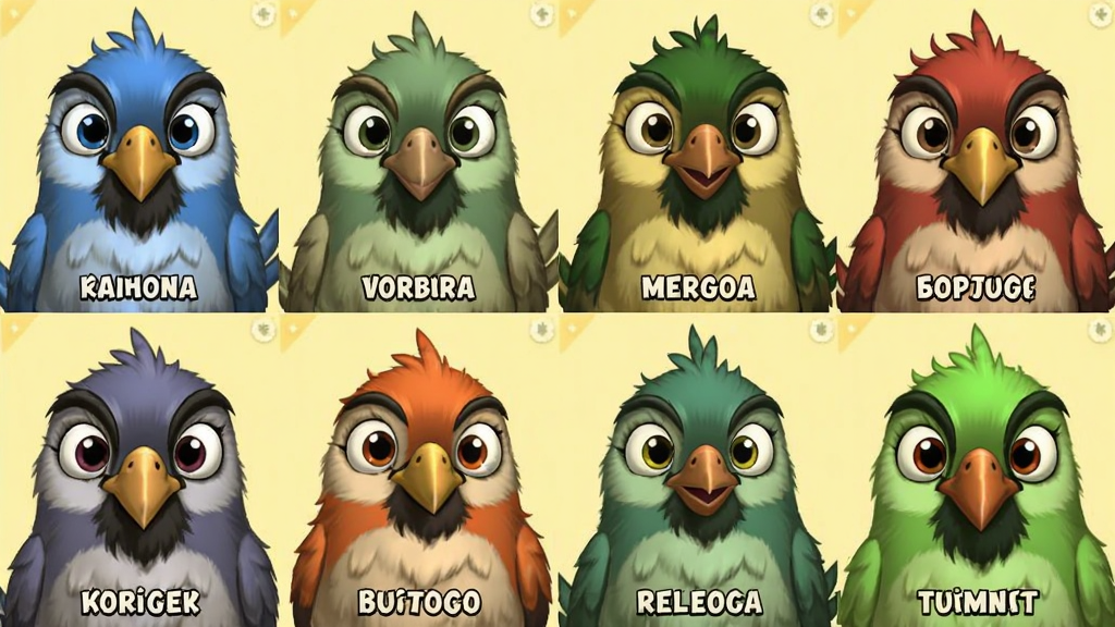 ��Ϸ��The Birds���Ľ�ͼƴ���������ǲ�ͬ��ɫ�ʹ�С��С���������棬���г����У�ÿֻС���·���ע�����֣��������룬����Ϊǳ��ɫ�����Ϊ��ͨUI���棬ϸ��չʾÿֻС����۾�����ë���������������ɾ����޶���Ԫ��