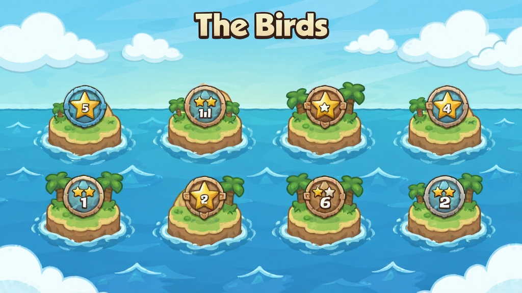 ��Ϸ��The Birds���ĵ�ͼѡ�ؽ��棬�����Ƕ��С����ɵ������ͼ��ÿ��С�����йؿ����ͼ�꣬���ֹؿ���ʾ�������ۣ������Ǻ�����ƶ䣬����Ϊ������ᣬ���ɰ���ͨ��ϸ���к��˲��ƺ͵���ֲ�������������ɾ����޶���Ԫ��