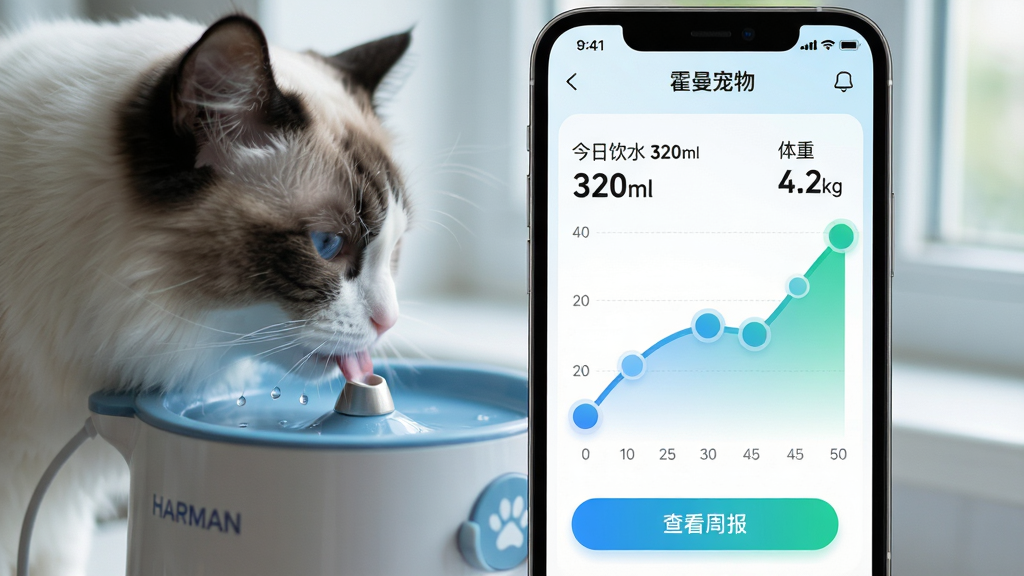 ���壺�ֻ���Ļ��д��ʾ���������App�Ľ�������ͼ�����棬�����黯����һֻ��żè���ӻ���������ˮ����ˮ�����֣��ֻ�λ�ڻ�������ƫ�ң�ͼ�����߳��������ƣ����¶��è���������ˮ���������Ű棺�ֻ���Ļ����ʾ��������ˮ 320ml�������� 4.2kg�������֣�ͼ����ɫ���̽��䡣�������ҽ�ƿƼ���񣬵���ɫ�������ڴ�����Ȼ�⡣ϸ�ڣ�ͼ����Բ��Ľڵ㣬è��������ˮ�飬�����·��С��鿴�ܱ�����ť�����ʣ���ϸ�壬�ɾ����޶���Ԫ�ء�