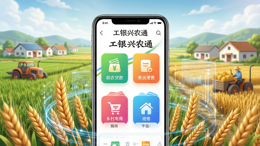 ���壺������ũͨAPP����չʾ������Ϊ�ִ���ũ����Ұ����վ����ֻ���Ļ������ʾ������ũͨ��ҳ�棬��������ũ�����������ɷѡ����������̡��Ȳ�ɫ����ͼ�꣬���֣��ֻ����У����ܻ������롢�������ߵ�Ԫ�أ��Ű棺��������ͻ��APP���ơ�������ũͨ�������дʵ��Ƽ��н�ϣ�����ͨ͸��ϸ�ڣ�����ͼ�꾫�£����֡�������ũͨ����Ŀ�����ʣ�������Ⱦ���ɾ����޶���Ԫ�ء�