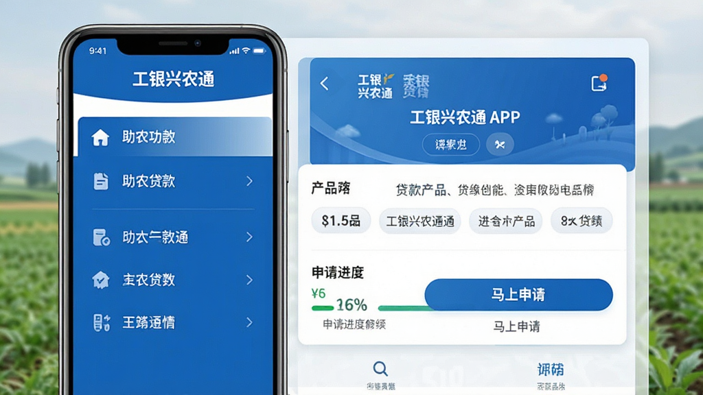 ���壺������ũͨAPP����ũ�������ҳ�棬չʾ�����Ʒ�б�����������������֣�ҳ�����Ϊ���ܲ˵����Ҳ�Ϊ��ϸ˵����Ƭ���Ű棺�������ˣ���Ƭʽ��ƣ���������Լ����ɫ������ϸ�ڣ�����������������롱��ť���ֻ��Ϸ���ʾ��������ũͨ�����������ʣ����壬�ɾ����޶���Ԫ�ء�