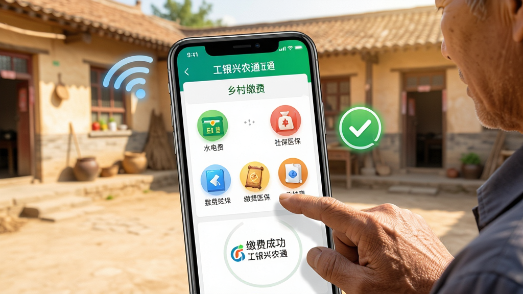 ���壺������ũͨAPP�����ɷѡ����ܽ��棬��Ļ��ʾˮ��ѡ��籣��ҽ���Ƚɷ�ͼ�꣬һ��ũ����ָ�����Ļ������Ϊũ��СԺ�����֣��ֻ���Ļ��д����Χ��WiFi�ź���֧���ɹ���ʶ���Ű棺ֱ���׶���ͼ�걥�������������ܰ����ʵ�����У�ϸ�ڣ��ɷѳɹ�ҳ����ʾ���ɷѳɹ��������빤����ũͨLogo�����ʣ����壬�ɾ����޶���Ԫ�ء�