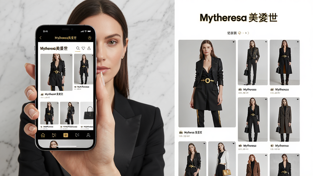 ���壺ʱ��Ů���ֳ������ֻ�����Ļ��ʾ��Mytheresa������������APP���棬��ɫ��Ϊ���ŵĺڰ����ɫ��׺�����֣�����λ�ڻ����������֮һ�����Ҳ�����չʾAPP��Ʒ�ٲ�����ͼ������ģ�ش��Ŵ��Ʒ��ε�ͼƬ���Ű棺�����־��񣬱��⡰Mytheresa�����������ڶ������·�����Ʒ���񡣷�񣺸߶��ݳ�Ʒ���̹�棬������ͣ�����Ϊǳ��ɫ����ʯ������ϸ�ڣ��ֻ���Ļ���������ɱ棬��ƷͼƬ���£�ͻ��Ʒ��Logo�����ʣ�8K���壬�ɾ��޶���Ԫ�ء�