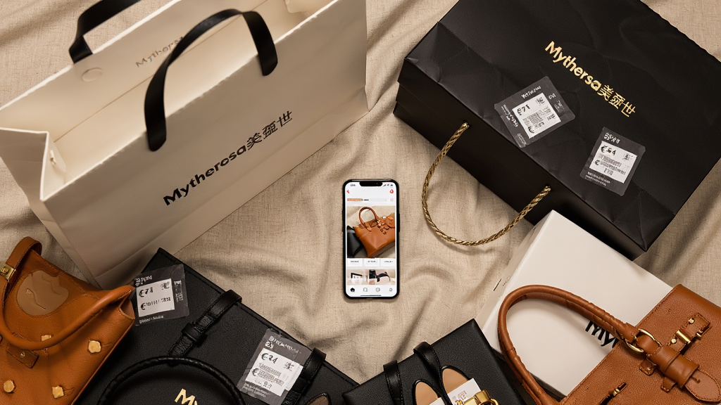 ���壺���С�Mytheresa��������������Ʒ�ƹ�����Աߣ�����ڷ��Ŷ�����ʴ���Ь�����ִ������֣�ƽ�̸����ӽǣ���Ʒ�ʻ������У����ķ����ֻ�����APP��ѡ����Ƶ���Ű棺����ʽ��ͼ��Ʒ��Logo��������չʾ�����ʱ�д�Ƭ�ʸУ�ůɫ�ƹ⣬����Ϊ���鲼�ơ�ϸ�ڣ�Ƥ��������������������ʵϸ�壬��ǩӡ�м۸���ŷԪ���š����ʣ������壬�ɾ������