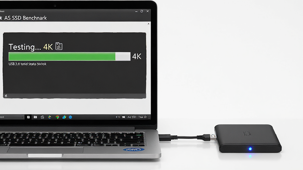 ���壺һ̨�ʼǱ������Ա߷���һ������USB3.0��̬Ӳ�̺С����֣��ʼǱ���Ļ��ʾAS SSD Benchmark���Խ��������Ű棺���ʼǱ����Ҳ�Ӳ�̺У��м���USB�����ӡ���������Լ��ϸ�ڣ���Ļ����ʾ��Testing... 4K��������Ӳ�̺���ɫָʾ�����𡣻��ʣ����壬������ͣ��ɾ�������