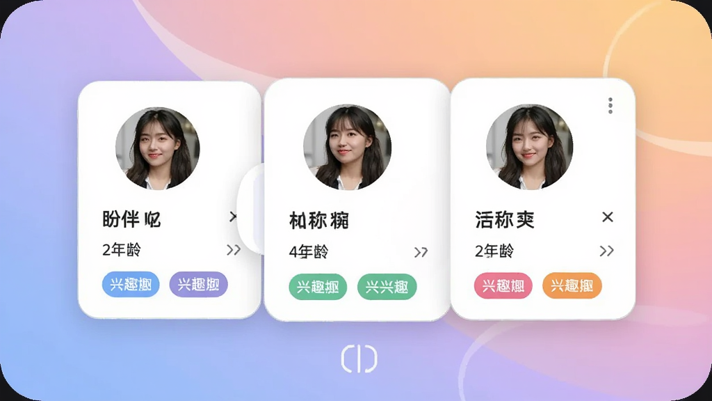 �ΰ�APP����Ի��������ͼ����Ļ���������û���Ƭ����չʾ��ÿ�ſ�Ƭչʾ���û���ͷ���ǳơ��������Ȥ��ǩ��������Ʋ���Բ��Ŀ�Ƭ��񣬱���Ϊ��͵Ľ���ɫ������ɾ����������������ֹ�����ͻ�������һ������Ľ�����ʽ