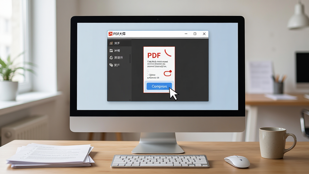 չʾ��PDF��ʦ�������ڵ����ϵĲ�����������Ļ����ʾ�����������ڽ���PDFѹ�������ָ����ͣ��ѹ����ť�ϣ��������࣬��Χ��ֽ�źͿ��ȱ����칫����������ͣ�����ɫ����Ȼ�������������޶���Ԫ�أ��������ڱ���Ϊ��PDF��ʦ�������й�ͼ��ϸ�ڷḻ