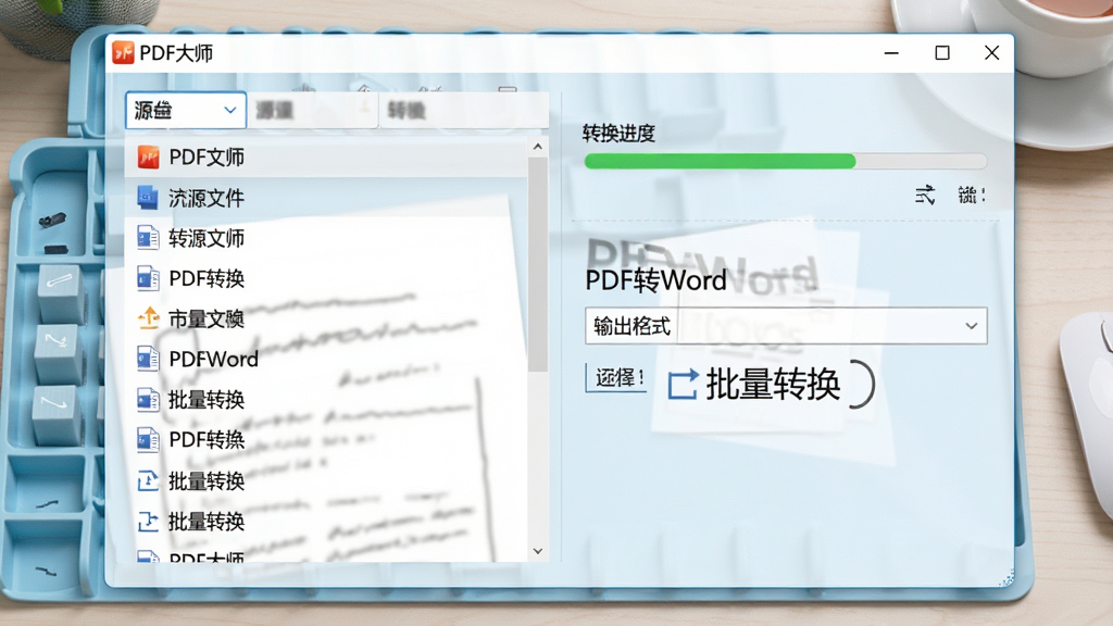 չʾ��PDF��ʦ����ʽת�����ܵĲ������棬���ѡ��Դ�ļ��б����Ҳ���ʾת���������������ʽѡ�����Ϊ����ɫ����̨������ɾ����࣬���С�PDFתWord��������ת�����������������ơ�PDF��ʦ�������ڴ��ڱ�������дʵ��Ļ��ͼ��񣬸�ϸ�ڣ��ɾ�������