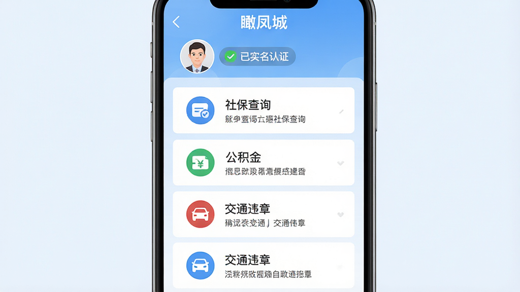 ���壺���ǡ�APP������·�����档���֣�ҳ�涥����ʾ�û�ͷ��͡���ʵ����֤����ʶ���в�Ϊ�����б����������籣��ѯ���������𡱡���ͨΥ�¡��ȡ��Ű棺������ͼ��+�����б���ʽ�������С������ʽ��Ȩ���������񣬵�ɫΪǳ��ɫ��ϸ�ڣ�ÿ������ͼ���¶��м�̹������������ʣ����壬�ɾ����޶���Ԫ�ء�