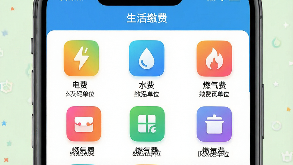 ���壺���ǡ�APP����ɷѹ�����ʾ�����֣���Ļ��ʾ�ɷ���Ŀѡ����棬�С���ѡ���ˮ�ѡ���ȼ���ѡ��Ȳ�ɫͼ�ꡣ�Ű棺ͼ��ʹ���״���У�ÿ�����������ģ����ʵ�ֻ���ͼ��ɫ��������ϸ�ڣ�ÿ��ͼ���·��ж�Ӧ�ɷѵ�λ���ƣ�������ʾ������ɷѡ����⡣���ʣ�4K���壬�ɾ����࣬�޶���Ԫ�ء�
