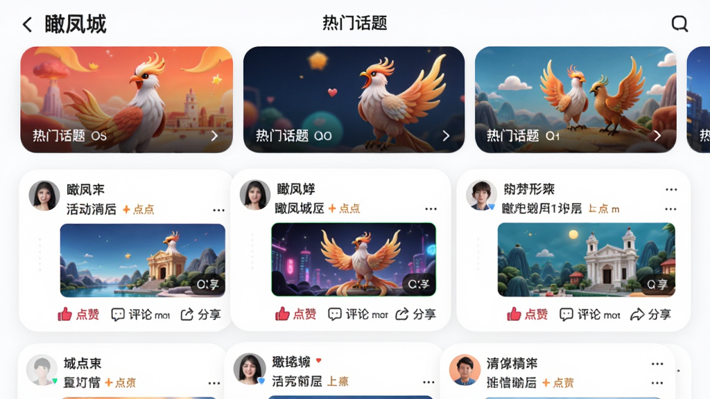 ���壺���ǡ�APP��������ҳ�档���֣��Ϸ�Ϊ���Ż����ֲ�ͼ���·�Ϊ��̬��Ϣ����ÿ����̬�����û�ͷ���ǳơ����ݺ���ͼ���Ű棺��Ϣ�����ÿ�Ƭʽ��ƣ�Բ�Ǳ߿򡣷�񣺻�Ծ�������������ɫ�ʷḻ��ϸ�ڣ���̬�·��С����ޡ������ۡ�����������ť�����ʣ��������޶���Ԫ�ء�