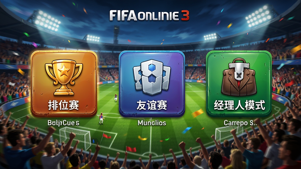 ���壺FIFA Online 3����ģʽѡ����棬��ʾ����λ����������������������ģʽ����ͼ�ꡣ���֣�ͼ��ʺ������У�ÿ��ͼ���·����м��˵��������Ϊ��̬�����򳡻�����Ⱥ���Ű棺ɫ����������ť�����ǿ��������������ǿ�������ԡ����ʣ����壬�ɾ����޶���Ԫ�ء�