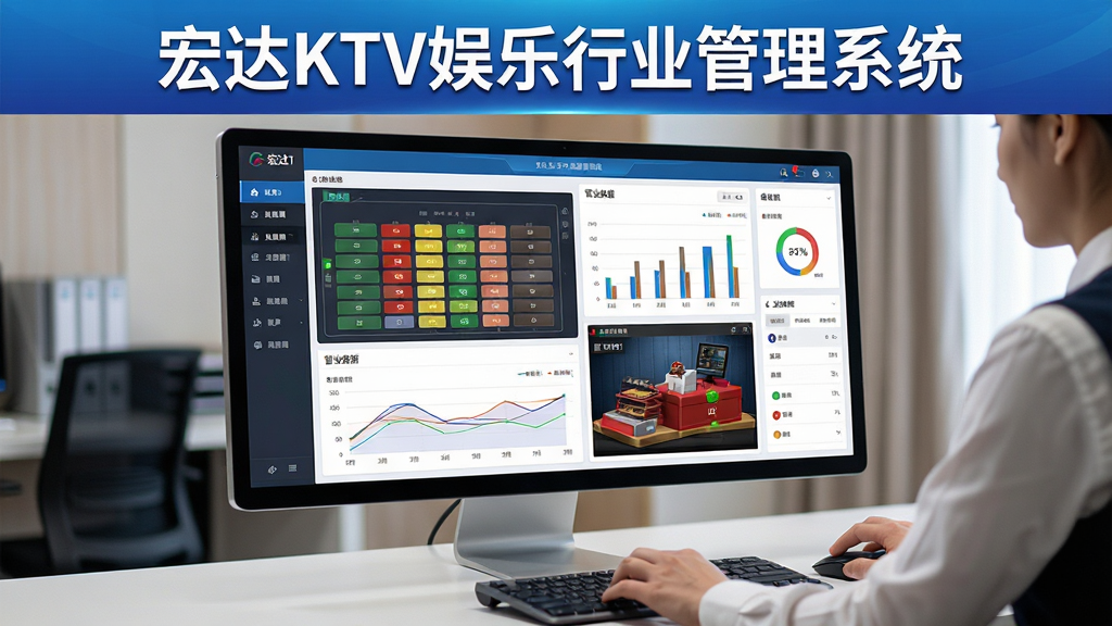 ���壺���KTV������ҵ����ϵͳ������չʾ�ڿ���������ʾ���ϣ���Ļ��ʾ�����ķ�̬ͼ��Ӫҵ����ͼ��������̨���棬�����л��й�����Ա���ڲ��������֣����������У���Ļ����ϸ�ڿɼ�������й��ܵ��������Ҳ�Ϊ������壬������Ƹɾ����ࡣ�Ű棺ͼ�Ľ�ϣ���Ļ����������ִ�����Ƽ��У�ϸ�ڷḻ��ɫ��������ϸ�ڣ��������ơ����KTV������ҵ����ϵͳ���Ժ����ʽ���ڻ��涥�������������׶�������Ϊ��ɫ���䡣���ʣ�����ϸ�壬�ɾ����޶���Ԫ�ء�