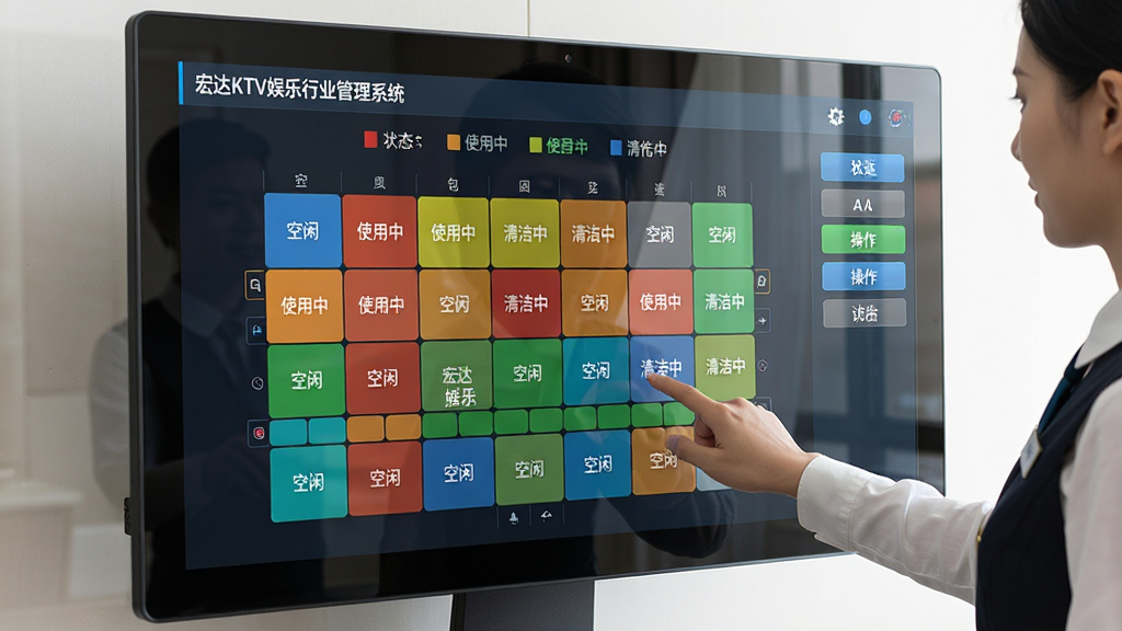 ���壺���KTV������ҵ����ϵͳ�ķ�̬�������棬��Ļ����ʾ��ɫ����״��̬ͼ����ͬ��ɫ������ͬ����״̬���з���Ա���ڵ����Ļ�����֣���̬ͼռ�ݻ������룬������״̬ͼ�����Ҳ��в�����ť���Ű棺������Ƽ�࣬ɫ���������ԡ�����ִ��Ƽ��У���Ļ������Ȼ��ϸ�ڣ�������������ʾ�����KTV������ҵ����ϵͳ����������̬ͼ���С����С���ʹ���С�������С��ȱ�ǩ�����ʣ����壬�������ɾ����޶���Ԫ�ء�