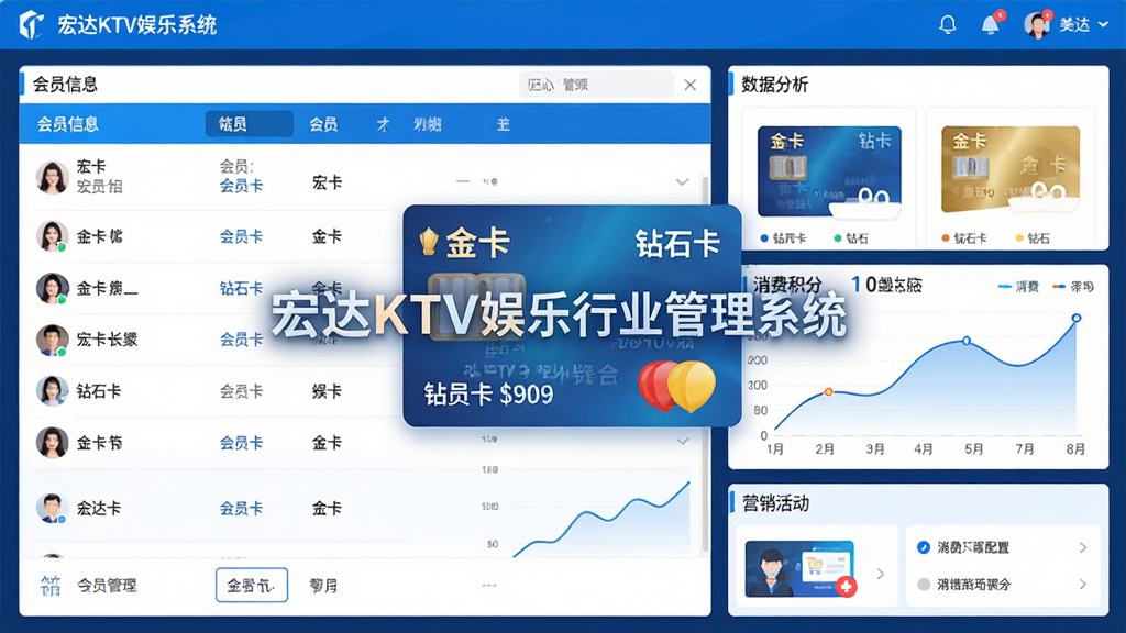 ���壺���KTV������ҵ����ϵͳ�Ļ�Ա�������棬��Ļ����ʾ��Ա�б�����Ա����ʽ�����ѻ�������ͼ�����֣����Ϊ��Ա��Ϣ�б����Ҳ�Ϊ���ݷ�����壬�·���Ӫ������������Ű棺��������ɫ�Ͱ�ɫΪ��������ͼ������������ִ���������񣬱�ƽ����ơ�ϸ�ڣ����������С����KTV������ҵ����ϵͳ����������Ա�����С��𿨡�����ʯ�����ȱ�ʶ�����ʣ����壬ɫ�����ޣ��ɾ����޶���Ԫ�ء�