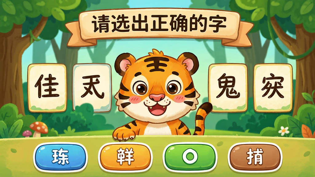 ���壺����ʶ�������Ĵ�����Ϸ���棬����������һ���ɰ��Ŀ�ͨ�ϻ������Ա����ĸ�����ѡ�Ƭ���Ϸ���ʾ����ѡ����ȷ���֡��ı��⣻���֣���Ϸ����������½ṹ���Ϸ�Ϊ��Ŀ�����·�Ϊѡ�ť�����Ű棺������������ť��С�ʺ϶�ͯ�������񣺿�ͨ�ֻ���ɫ�ʱ��Ͷȸߣ�ϸ�ڣ��ϻ�����������������ɭ��Ԫ�أ�����ɾ��޹����ţ����ʣ��߷ֱ��ʣ�����ϸ����ͣ�ͻ��ѧϰ��Ȥζ�ԡ�
