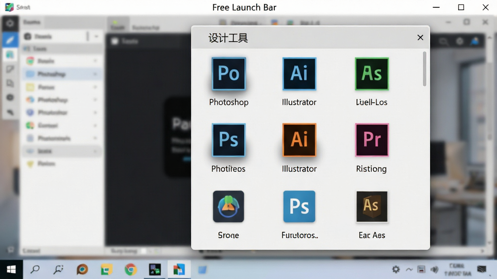 ���壺Free Launch Bar����������һ����Ϊ����ƹ��ߡ���չ���˵����ڲ�����Photoshop��Illustrator��ͼ�ꡣ���֣���ͼ�ӽǣ��˵��������������Ϸ������Ϊ�����������黯�������Ű棺�˵�Ϊ���в��֣�ͼ���·�����С�����ơ������ˬ����磬ǳ�ұ�����ϸ�ڣ��˵��߿�����Ӱ��ͼ�������ͣ����Ч�������ʣ������������ɾ��޶���Ԫ�ء�