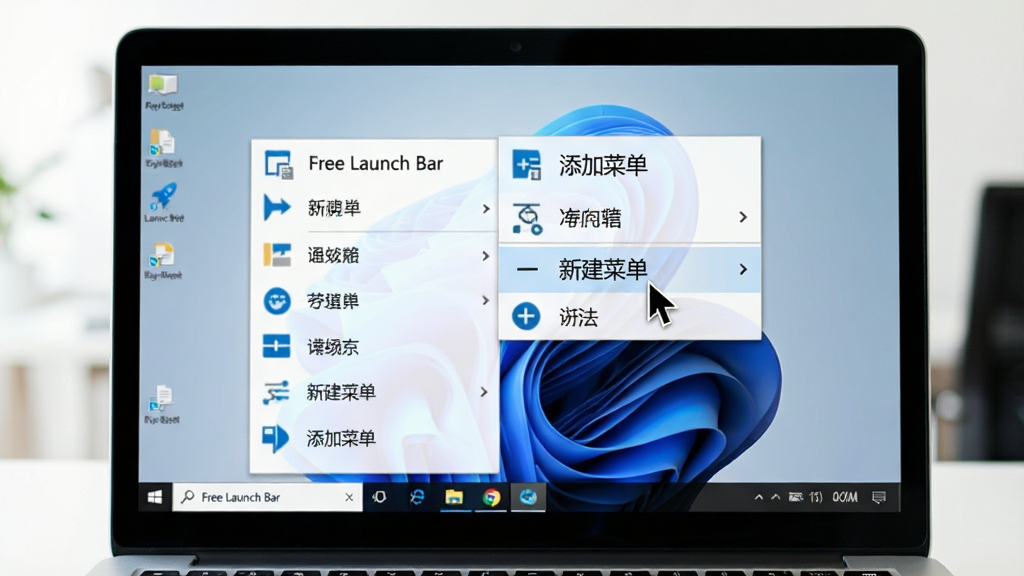 ���壺һ̨�ʼǱ�������Ļ��ʾWindows��������Free Launch Bar�˵�չ����������ʾ�����Ӳ˵�����ť�����֣���Ļ�����ӽǣ�������λ�ڵײ����˵�����չ�����Ű棺�˵��б���������ͼ������֡���������칫���ϸ�ڣ��������ͣ�ڡ��½��˵���ѡ���ϡ����ʣ��������ȣ��ɾ��޶���Ԫ�ء�