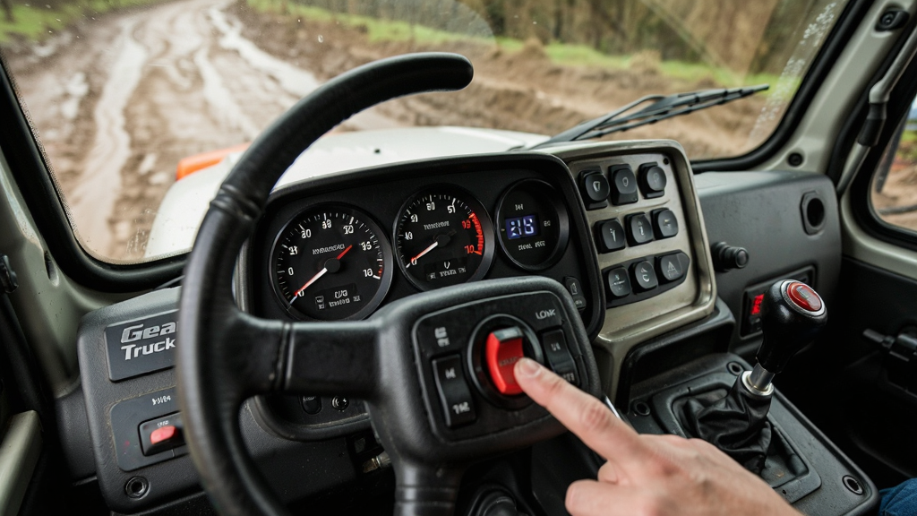 ��д��ͷչʾGear Truck�ļ�ʻ���ڲ��������̡������˺��п�̨�ϵĸ����Ǳ���ť�����ɼ���һ���޴�Ĳ��������ر���ָ���¡����潹�㼯�����Ǳ�����������ָ��͵�λ��ʾ�������ϣ��Լ�ʻԱ��һ�˳��ӽǳ��֣�ǰ�����粣������ģ������Ţ��·�����дʵ��ϸ�ڷḻ��ע�ؽ��������ϲ��ʵ��ʸб��֡�������ͣ�Ӫ���רע��ʻ�ķ�Χ�����ʼ����������ɾ�����㣬�޶���Ԫ�ء�ͼƬ�пɰ�������