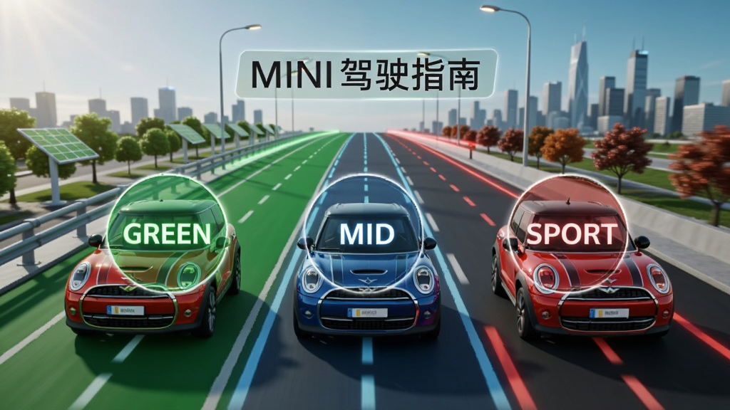 ������ͼ��һ����ɫMINI�ڷ�����·��ʻ������·����ɫ���ܷ���м�����ɫ��׼����Ҳ��Ǻ�ɫ�˶���񣬻����������������͸��Բ��ͼ��ֱ���ʾGREEN��MID��SPORT�������Ϸ��С�MINI��ʻָ�ϡ����ֱ�ʶ��������������У����������������ǳ�������ߣ�����ϸ�壬�޶���Ԫ��