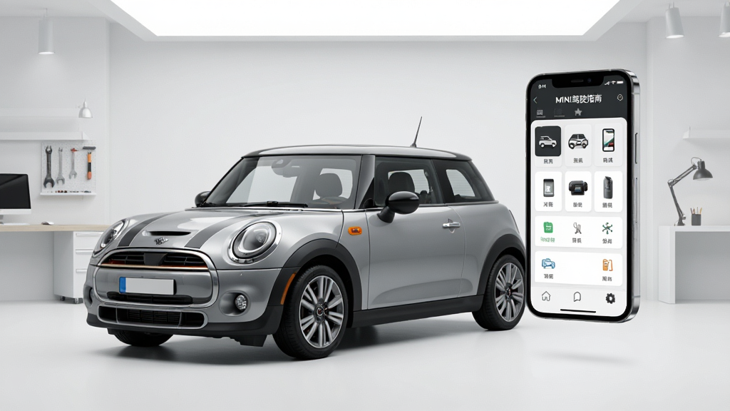 һ���ִ���Լ���ĺ������ͼ��������һ��������ɫ��MINI Cooper����ͣ�ڼ�Լ�������ڣ��Ա������������ֻ�����Ļ��ʾ��MINI��ʻָ�ϡ�Ӧ�ý��棬�������������Ĺ���ͼ���б��������ɾ�����������רҵ��Ʒ��Ӱ��ͼ���Ű����������ϸ�壬�޶���Ԫ��