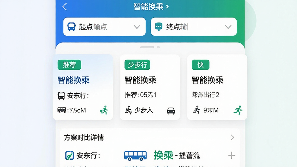 ��������Ϊ������APP��·�߹滮���ҳ�棬����Ϊ�����յ�������м��Կ�Ƭʽ����չʾ������ͬ�Ļ��˷������ֱ��ע���Ƽ��������ٲ��С������족��ǩ���ײ�Ϊ�����Ա����顣�����Ű���Ϣ�㼶������ɫ��������ɫ����ɫ��Ʒ��ɫ����ϸ����ͻ���������С���Ʒ�Ʊ�ʶ�͡����ܻ��ˡ��������ƣ����ʸɾ��޶���Ԫ�ء�