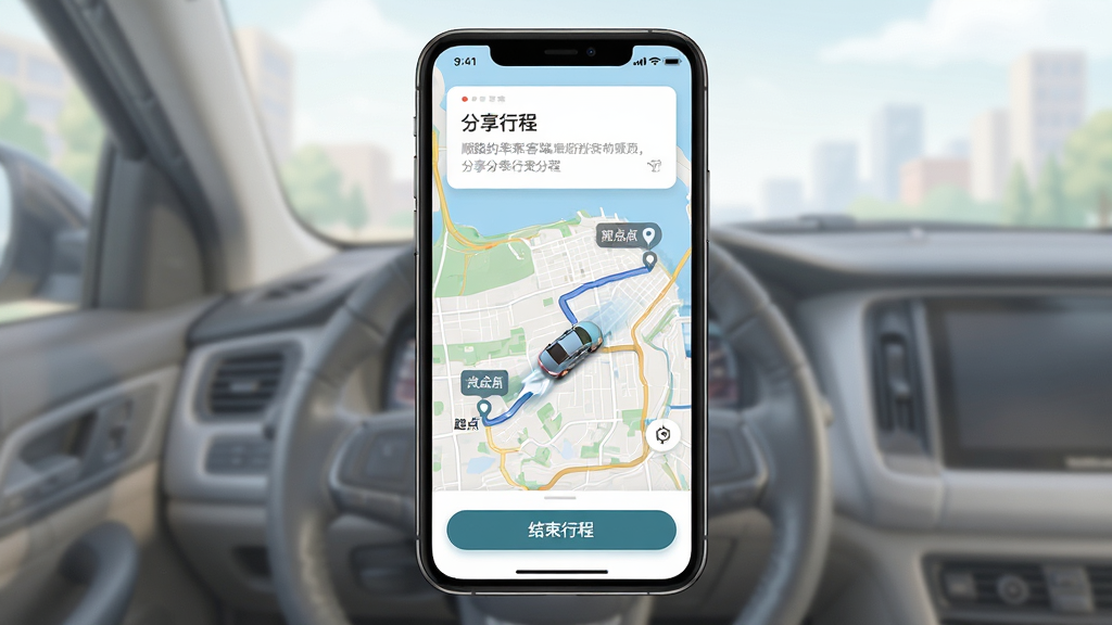 ���壺˳·Լ���˿Ͷ�APP���г̷���ҳ�棬�ֻ���Ļ��ʾ��ͼ�켣�������ť�����֣��ֻ���Ļ���У���ͼռ��Ҫ���棻�Ű棺�����С������г̡���Ƭ���ײ��С������г̡���ť�����дʵ��廭��ϣ�ɫ����ͣ�ϸ�ڣ���ͼ�ϱ�ע������յ㣬�г����ƶ����������ʣ����壬�ɾ����޶���Ԫ�ء�