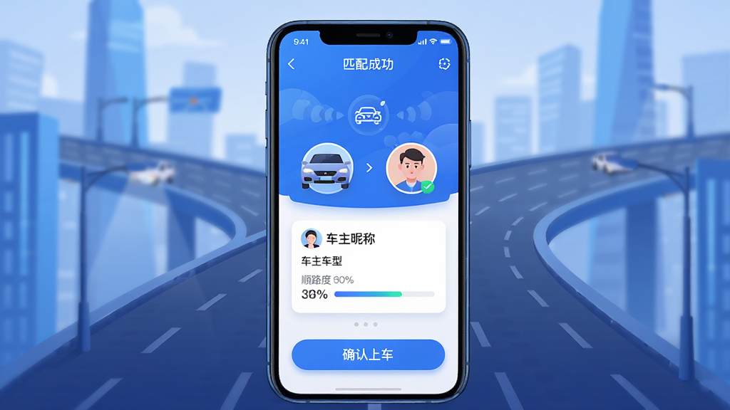 ���壺˳·Լ���˿Ͷ�APP��ƥ��ɹ����棬�ֻ���Ļ��ʾ������˿�ͷ�񣻲��֣��ֻ���Ļ���У�չʾƥ�䶯������Ϣ��Ƭ���Ű棺��Ϣ��Ƭ����չʾ�����ǳơ����͡�˳·�Ȱٷֱȣ�����ִ��Ƽ��в廭����ɫ��ɫ����ϸ�ڣ��С�ȷ���ϳ�����ť�������г��е�·���������ʣ����壬�ɾ����޶���Ԫ�ء�