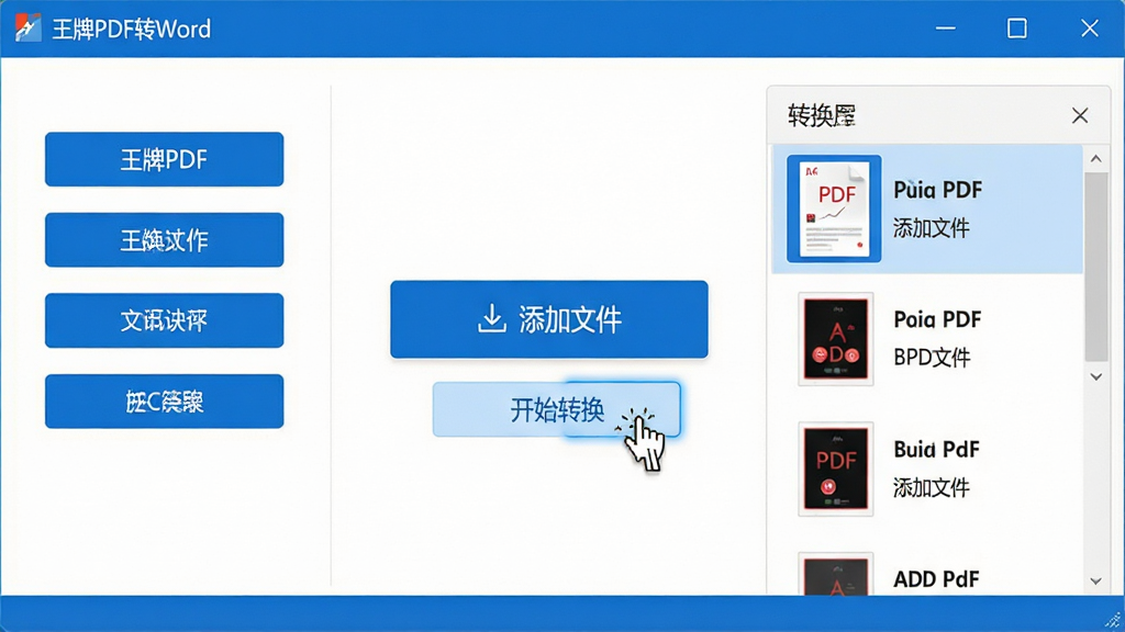 ���壺һ������PDFתWord����������ĸ����ͼ�����涥����ʾ�������ơ�����PDFתWord�����·�Ϊ����ת��������塣���֣������������һ����Ŀ�ġ������ļ�����ɫ��ť���Ҳ���ʾ�����ӵ�PDF�ļ��б�����ͼ���Ű棺�������ҶԳƣ����ܰ�ť�������룬ɫ��������Ϊ��ɫ��������ִ���ƽ����ƣ�ǿ���ɾ����Ч��ϸ�ڣ����ָ����ͣ�ڡ���ʼת������ť�ϣ���ť���ָ���״̬�����ʣ�4K���壬����ͨ͸���ɾ����޶���Ԫ�ء�