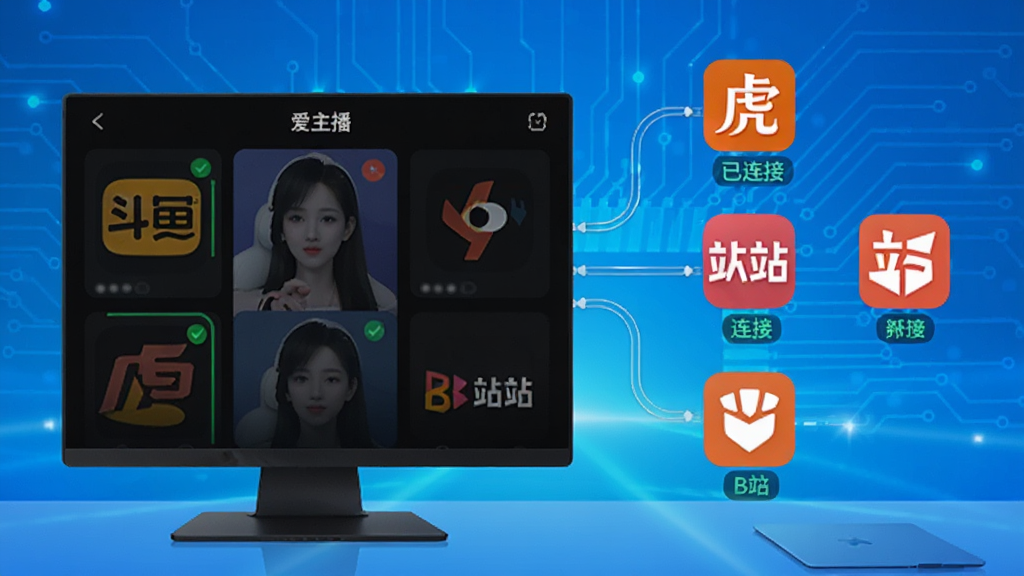 展示“爱主播”软件的多平台开播界面,画面中一个主播控制台同时连接着多个直播平台图标,如斗鱼、虎牙、B站等,每个平台显示已连接状态,背景为明亮的科技蓝,布局清晰,风格简约现代,画质高清,干净无多余元素