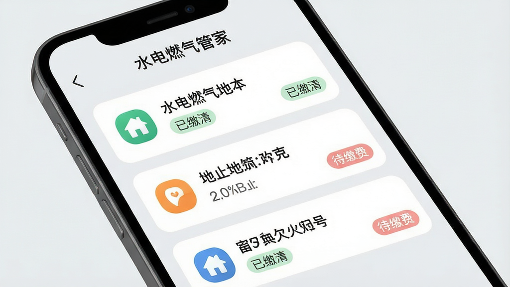 չʾ�ֻ�APP�ڡ������б���ҳ�棬ҳ�涥��Ϊ��ˮ��ȼ���ܼҡ����⣬�·��Կ�Ƭ��ʽ������������������Ŀ��ÿ����Ƭ��ʾ��ַ������ӦǷ��״̬��ǩ���硰�ѽ��塱�����ɷѡ�������Ϊ����ɫ����ƬԲ����ƣ�ͼ��������������ˬ����ƽ�磬�߻��ʣ��ɾ��޶���Ԫ��
