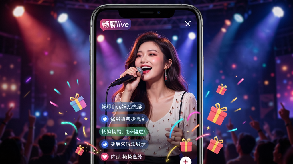 ����live�����淨չʾͼ�������������ֻ�ֱ�����棬�������ڳ��裬��Ļ�·�Ʈ����ɫ��Ļ��������Ч�������С�����live��logo������Ϊ��̨�ƹ�Ч������Χ���ң�����ϸ�壬ɫ�ʱ��ͣ����ֺ������ɾ��޶���Ԫ��