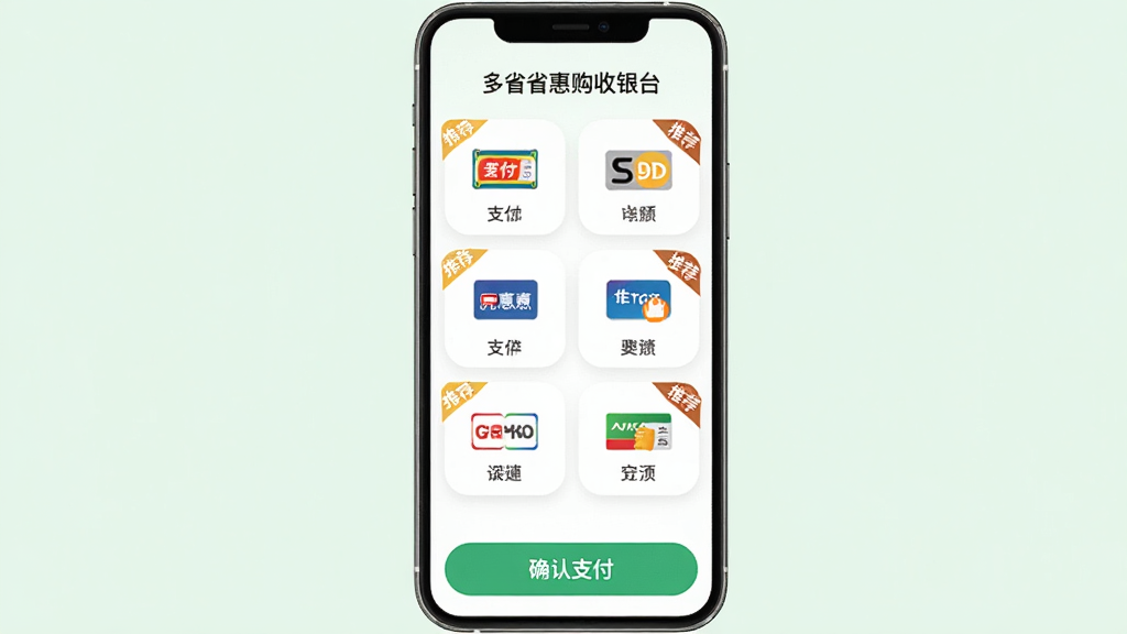 ���壺��ʡʡ�ݹ�����̨ҳ�棬��ʾ����֧����ʽͼ�ꣻ���֣��ֻ���Ļ���У�����Ϊ����ɫ���Ű棺֧����ʽ���б����У��С��Ƽ����Ǳꣻ��������ࣻϸ�ڣ�ÿ��֧��ͼ���·��ж�Ӧ���ƣ��ײ��С�ȷ��֧������ť�����ʣ����壬�ɾ��޶���Ԫ��