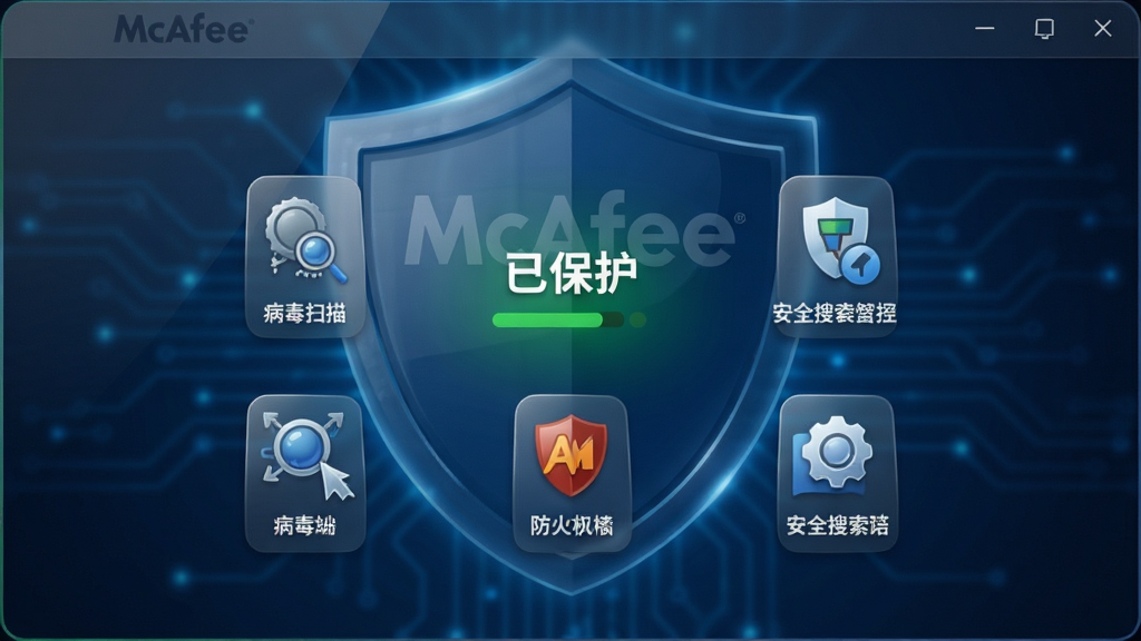 主体:迈克菲全面安全保护套装的主界面,背景为深蓝色科技感盾牌图案。布局:界面中央显示“已保护”绿色状态,下方排列病毒扫描、防火墙、安全搜索等图标。排版:图标采用2x3网格排列,整体简洁清晰。风格:现代科技风格,高光质感。细节:界面带有轻微的玻璃拟态效果,盾牌上隐约有“McAfee”字样,画质:8K超高清,干净无多余元素。