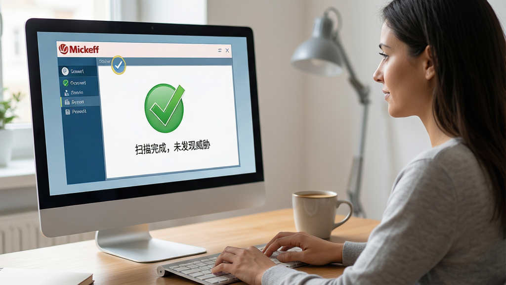 主体:用户正在电脑前操作迈克菲安全软件,屏幕上显示扫描结果。布局:用户侧对屏幕,屏幕上有绿色对勾图标。排版:电脑位于桌面,旁边有咖啡杯。风格:写实生活化。细节:屏幕中显示“扫描完成,未发现威胁”。画质:高分辨率,干净无多余元素。
