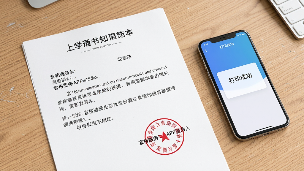 ���壺һ�Ŵ�ӡ�õ���ѧ֪ͨ���������������ϣ��Ա߷���һ����ʾ�˸����APP������ֻ������֣������ӽǣ�֪ͨ�����ֻ��ʶԽ��߷ֲ����Ű棺֪ͨ���������������ֶ���ͺ�ɫ����ͼ�����������칫����дʵ���ɫ��������ϸ�ڣ�������ľ�����������߳��㣬�ֻ���Ļ��ʾ����ӡ�ɹ�����ʾ�����ʣ��߷ֱ��ʣ����ֱ�Ե�������ɾ����޶���Ԫ�ء�
