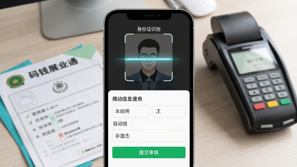 手机屏幕特写展示码钱展业通商户进件界面,上方为“身份证识别”扫描框,下方是自动填充的商户信息表单,旁边有“提交审核”绿色按钮,背景为办公桌面上的营业执照与POS机,构图主体突出手机屏幕,排版采用居中对称,风格商务简洁,细节包括摄像头扫描动画与表单字体清晰,画质精细干净,无多余元素。
