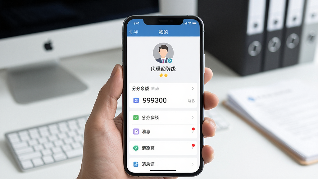 手持码钱展业通手机界面展示“我的”账户页面,上方显示头像与代理商等级,下方功能列表清晰可见,背景为简洁办公桌,有电脑与文件,主体为手机屏幕特写,排版采用垂直布局,风格清新商务,细节包括分润余额数字与消息红点提示,画质高清干净,无多余元素。
