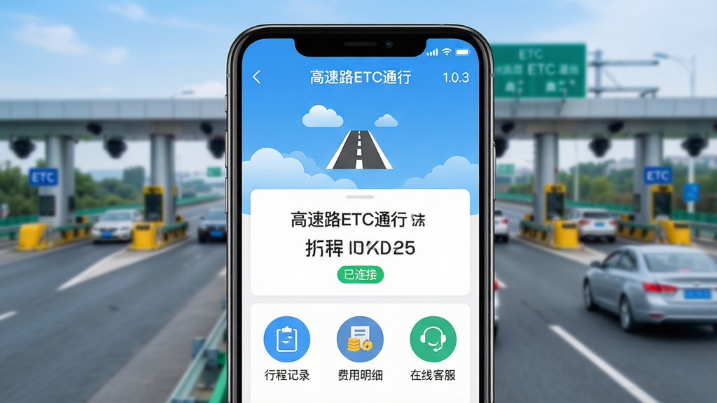 ��������Ϊһ�������ֻ���Ļ��д����Ļ��������ʾ������·ETCͨ�С�APP�����棬�����黯Ϊһ���������ִ������ٹ�·������������ͨ��ETCբ�ڡ����沼�ּ��ֱ�ۣ��Ϸ�Ϊ����������·ͼ�꣬�в�չʾ��ǰ���ƺ��롰�����ӡ���ɫ��ʶ���·����С��г̼�¼������������ϸ���������߿ͷ�������Բ�ι��ܰ�ť��������Ϊ��ƽ��UI��ƣ�ɫ��������ˬ��������ɫ��Ϊ����ϸ�ڷḻ�����ʸ���ɾ����޶���Ԫ�أ���Ļ������������ע������·ETCͨ�С�����1.0.3����