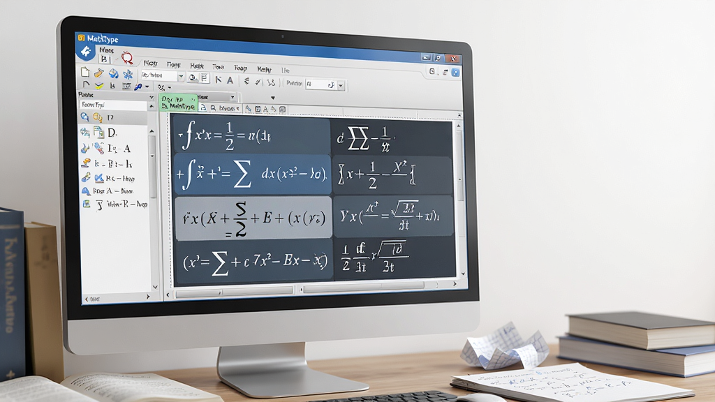 主体:MathType数学公式编辑器在Windows电脑屏幕上运行,界面清晰显示工具栏与公式输入区,屏幕上出现多个典型数学公式如积分、求和、分数根号,布局:软件界面居中,周围有书本和草稿纸,排版:电脑位于画面中央偏左,右侧留白,风格:写实3D渲染,细节:屏幕中公式高亮显示,文字标签“MathType”出现在软件标题栏,画质:8K超清,干净,无多余元素