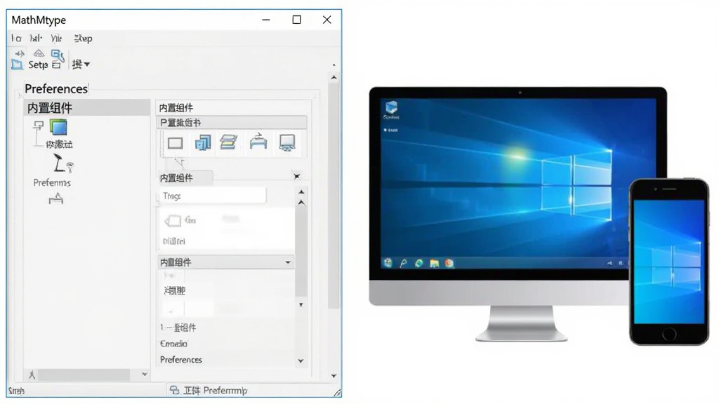 主体:MathType软件设置界面,显示“Preferences”选项,旁边有Windows电脑与手机对比图,布局:左软件界面右设备图,排版:左右构图,风格:简洁商务,细节:屏幕上有“内置组件”字样,画质:清晰明亮,干净,无多余元素