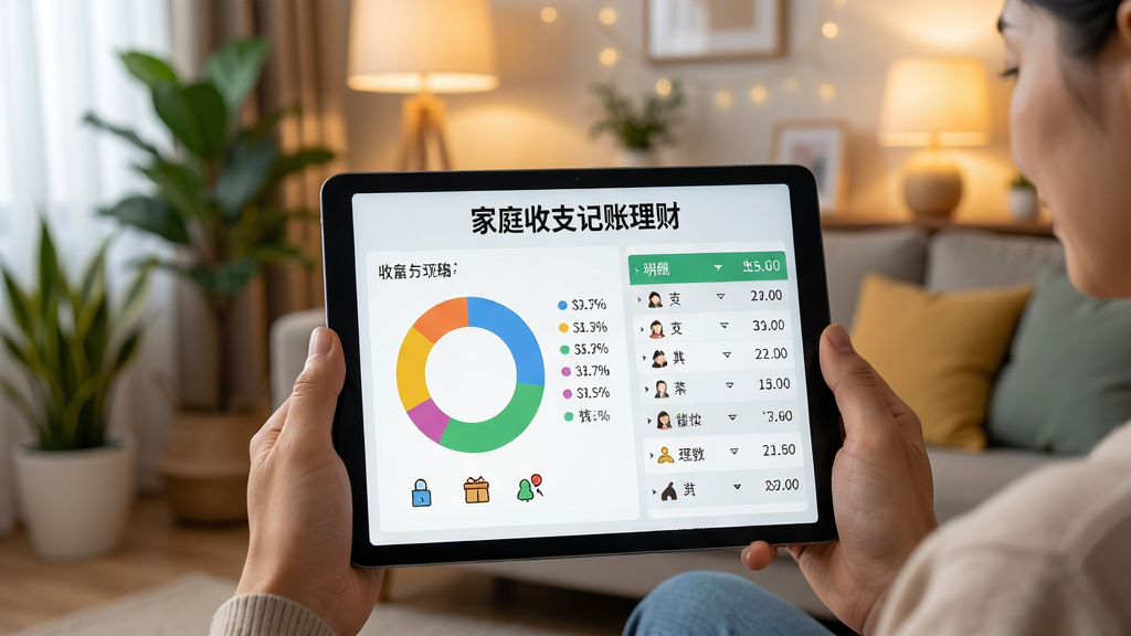 一幅现代家庭在温馨客厅中使用平板电脑查看收支图表,画面中平板显示
