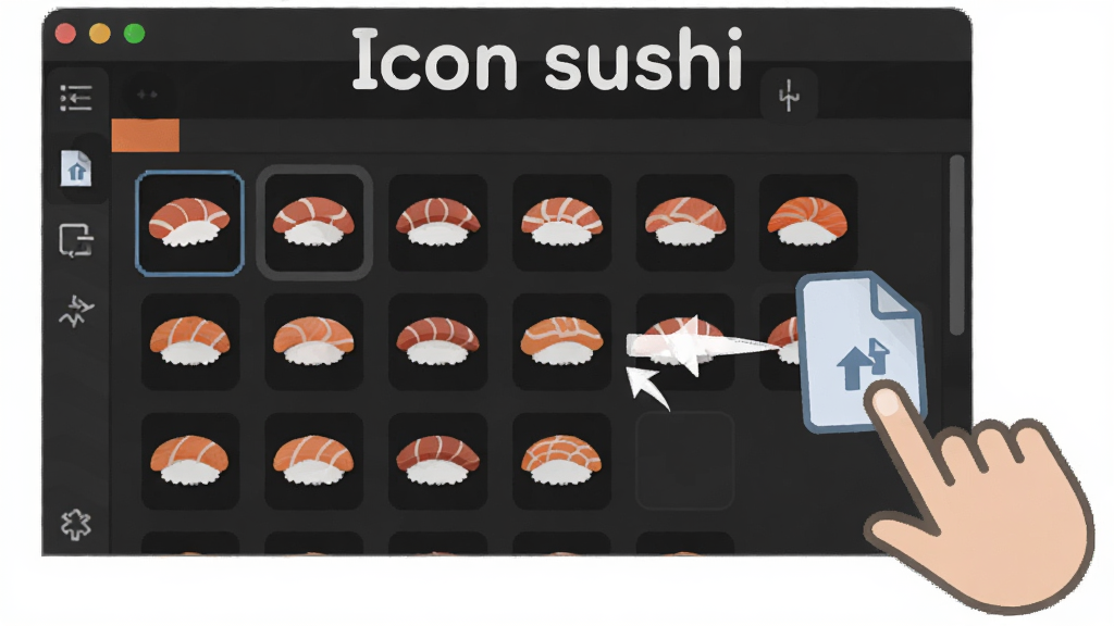 Icon sushiʹ�ý̳�ͼʾ��չʾ��ק�����ļ����������ڵĶ�����������ֶ��ͼ������ͼ�����м�ͷָʾ�������裬���������������ʸɾ����޶���Ԫ�أ����ֱ�ע��Icon sushi��