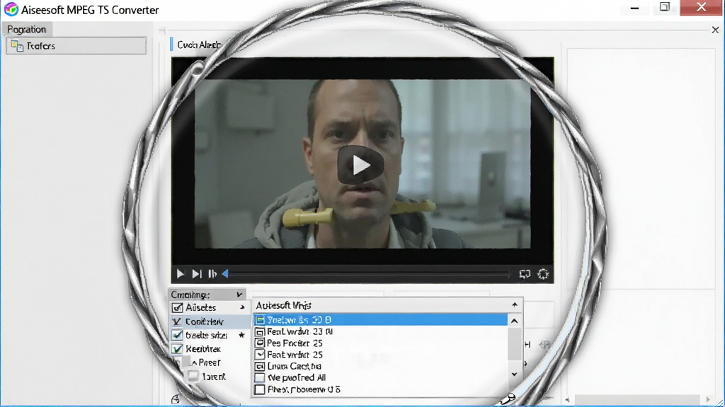 չʾAiseesoft MPEG TS Converter������ʽת�����̽�����д������Ϊ�����������ķŴ���ͼ����������Ϊ��ƵԤ�����Ŵ��ڣ��·�Ϊ�����ʽѡ��˵�չ��״̬���Ű�������򣬷��дʵ�����ͼ���ϸ��ͻ����ʽ�б�ѡ��򣬻��������ɾ����޶���Ԫ��