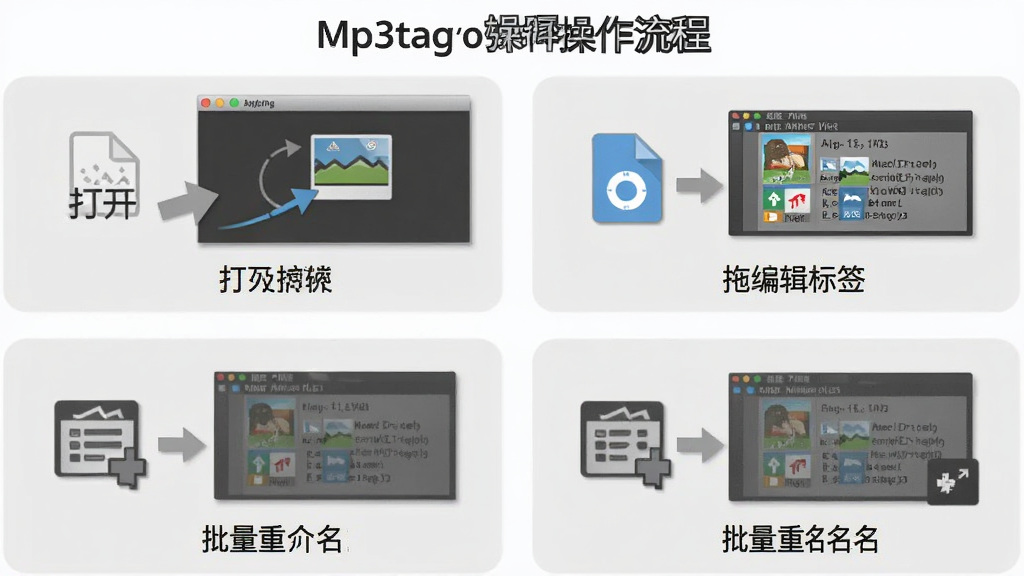 一张展示Mp3tag软件操作流程的示意图,包含打开软件、拖拽文件、编辑标签、批量重命名四个步骤,每个步骤用简洁的图标和文字标注,背景为浅灰色,风格平实易懂,适合教程场景,画质干净无多余元素